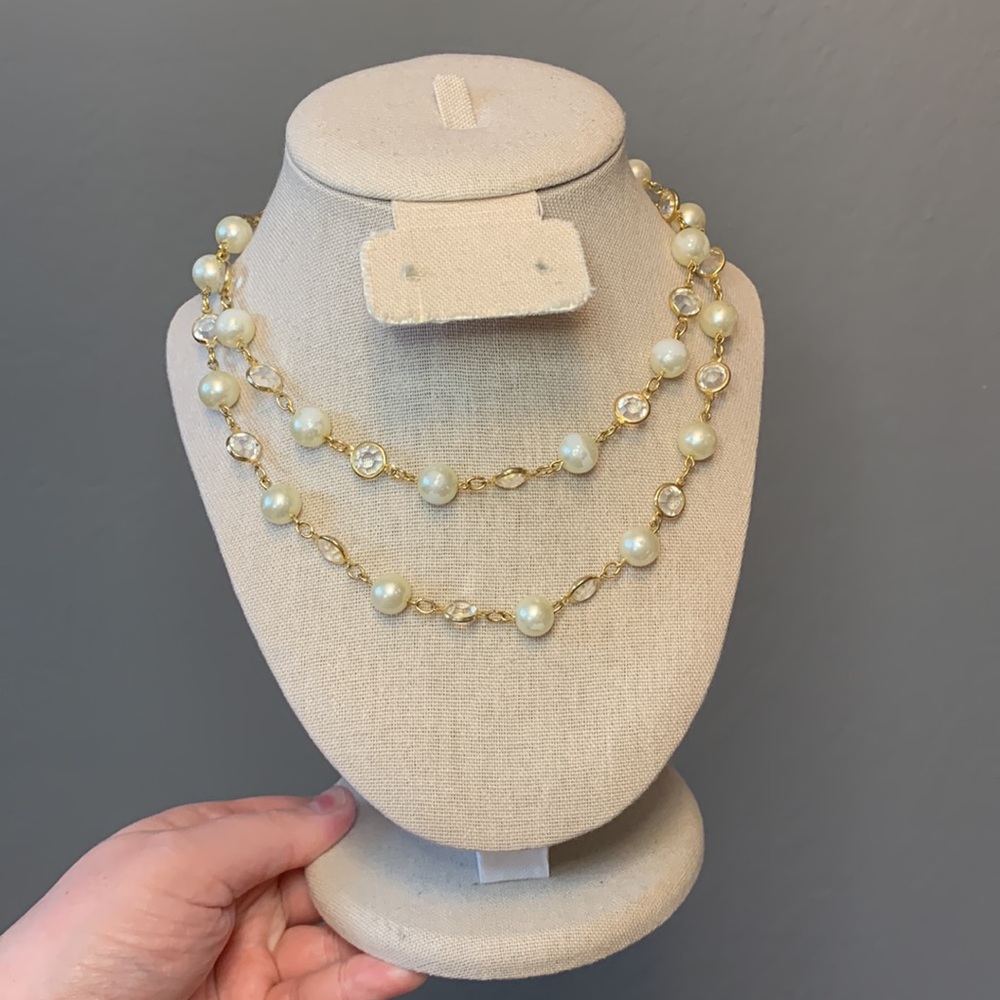 Vintage Faux Pearl Necklace w/ Austrian Crystals 30"